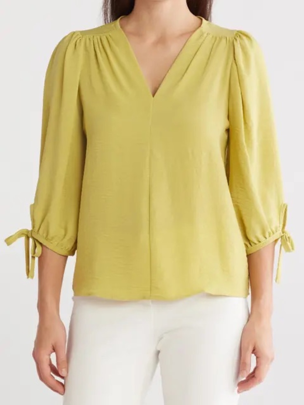 Nordstrom Women's V-Neck Tie-Sleeve Blouse in Chartreuse Size M